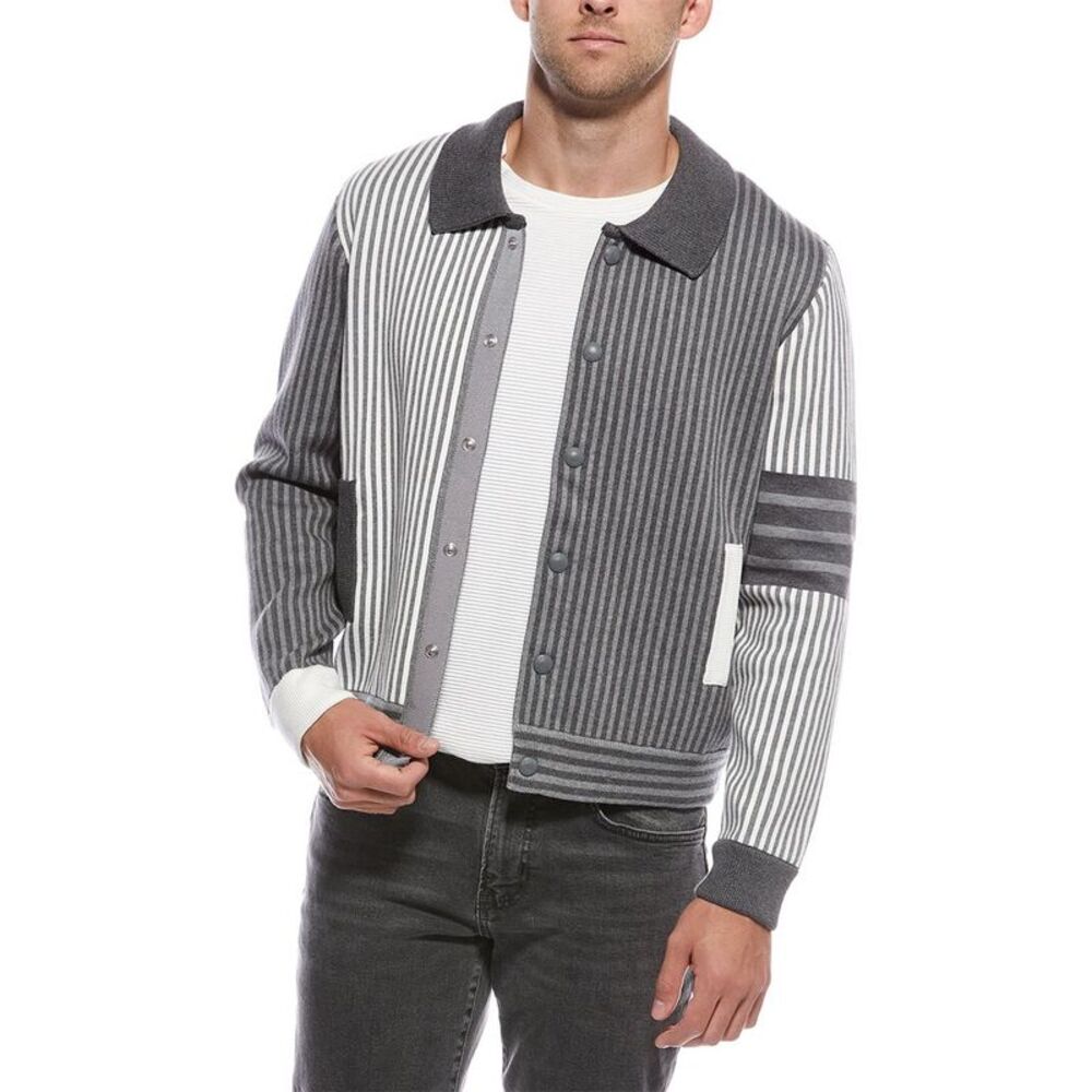 Thom Browne Mens Seersucker Polo Collar Bomber Jacket, Grey